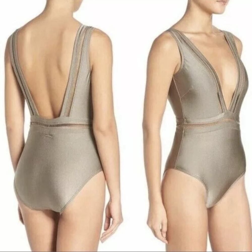 TED BAKER Starza Pointelle Deep V One Piece Swimsuit Metallic Khaki NEW/NWT
